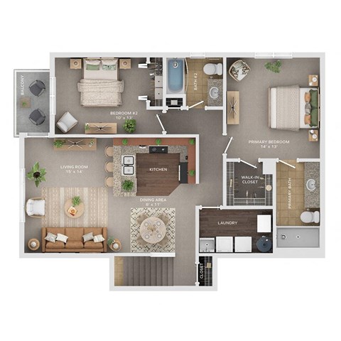 Floor plan for 2 beds, 2 baths, 1240 sqft